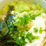 ヘチマ・わかめ・卵・生姜・葱の盛り合わせ冷汁素麺